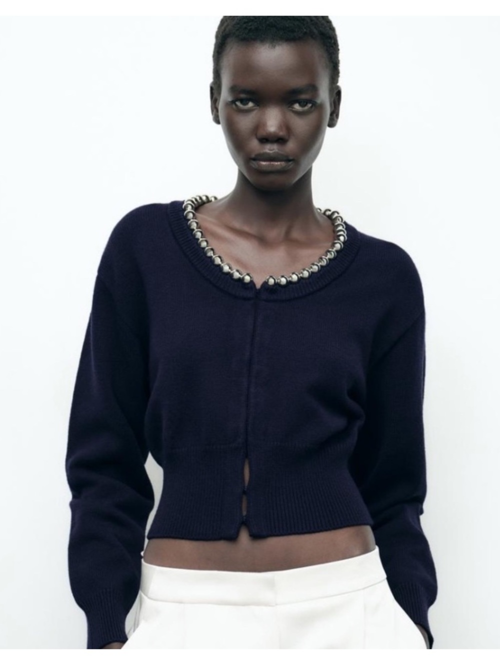Zara Navy Beaded Cropped Cardigan